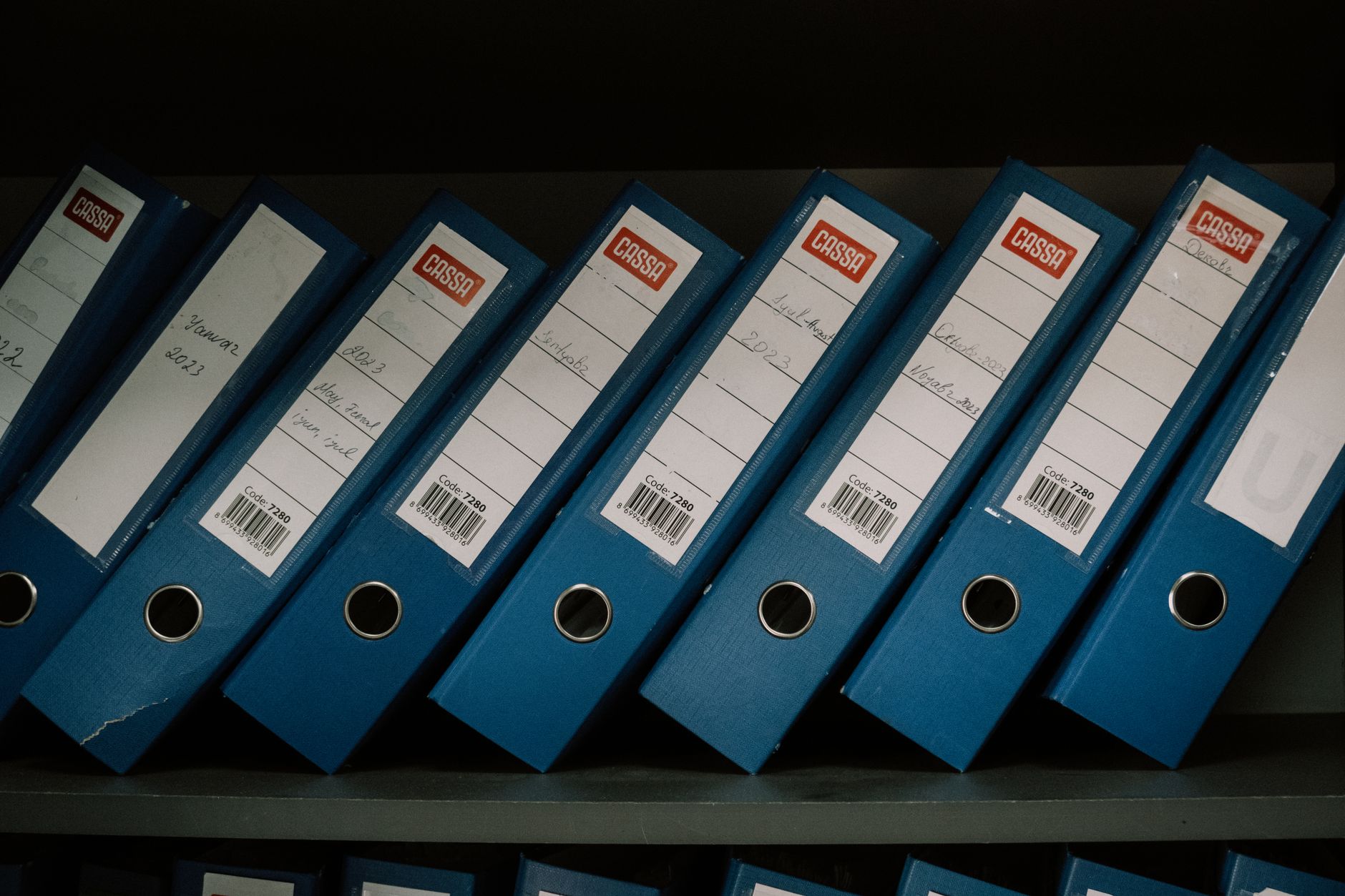 A row of labelled blue lever-arch binders filed in order on a shelf.